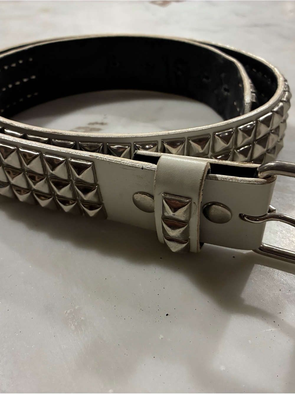 Punk Rock Goth 3 Row Silver Pyramid Metal Studs Mens Leather Belt White SIZE 36